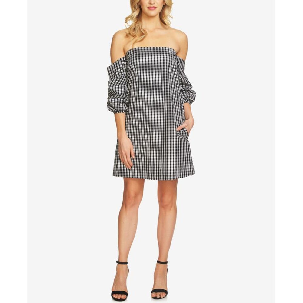 1.State Off The Shoulder Gingham Cascade Dress
